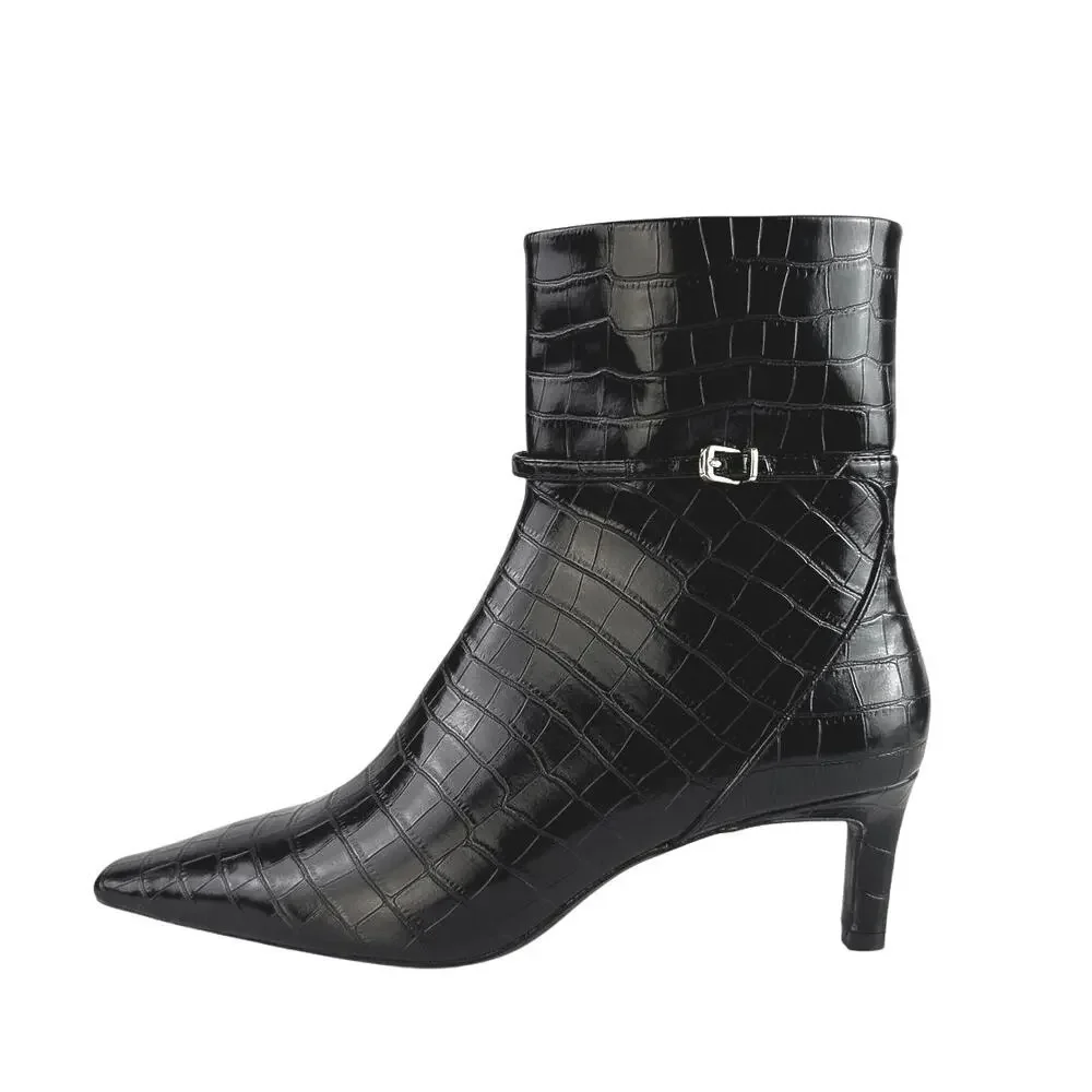 NEW Zara Black Croc Leather Buckle Pointed Toe Heeled Ankle Boots Size 41/US 10
